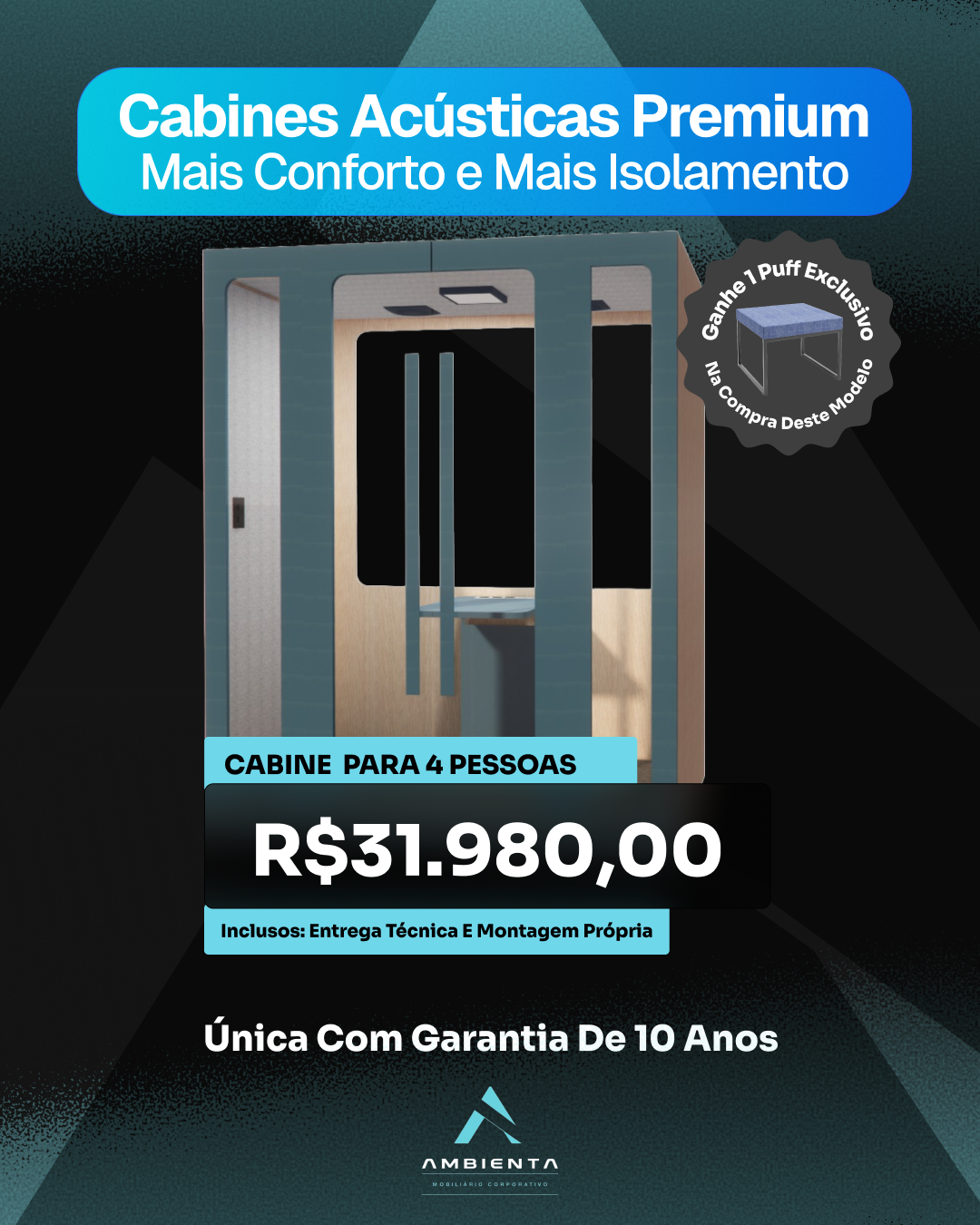 Post promocional de cabine acústica para 4 pessoas Ambienta