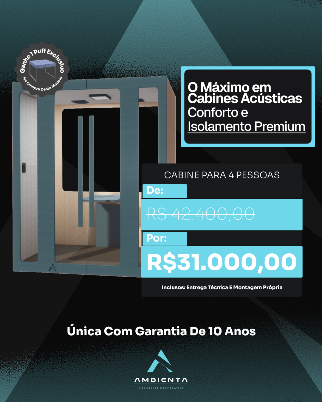 Post promocional de cabine acústica individual com botão saiba mais